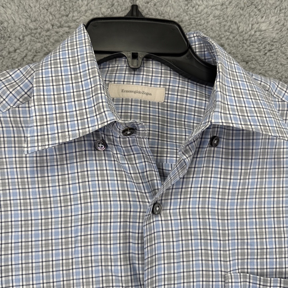 Ermenegildo Zegna Dress Shirt Mens Medium Blue Plaid Check L/S